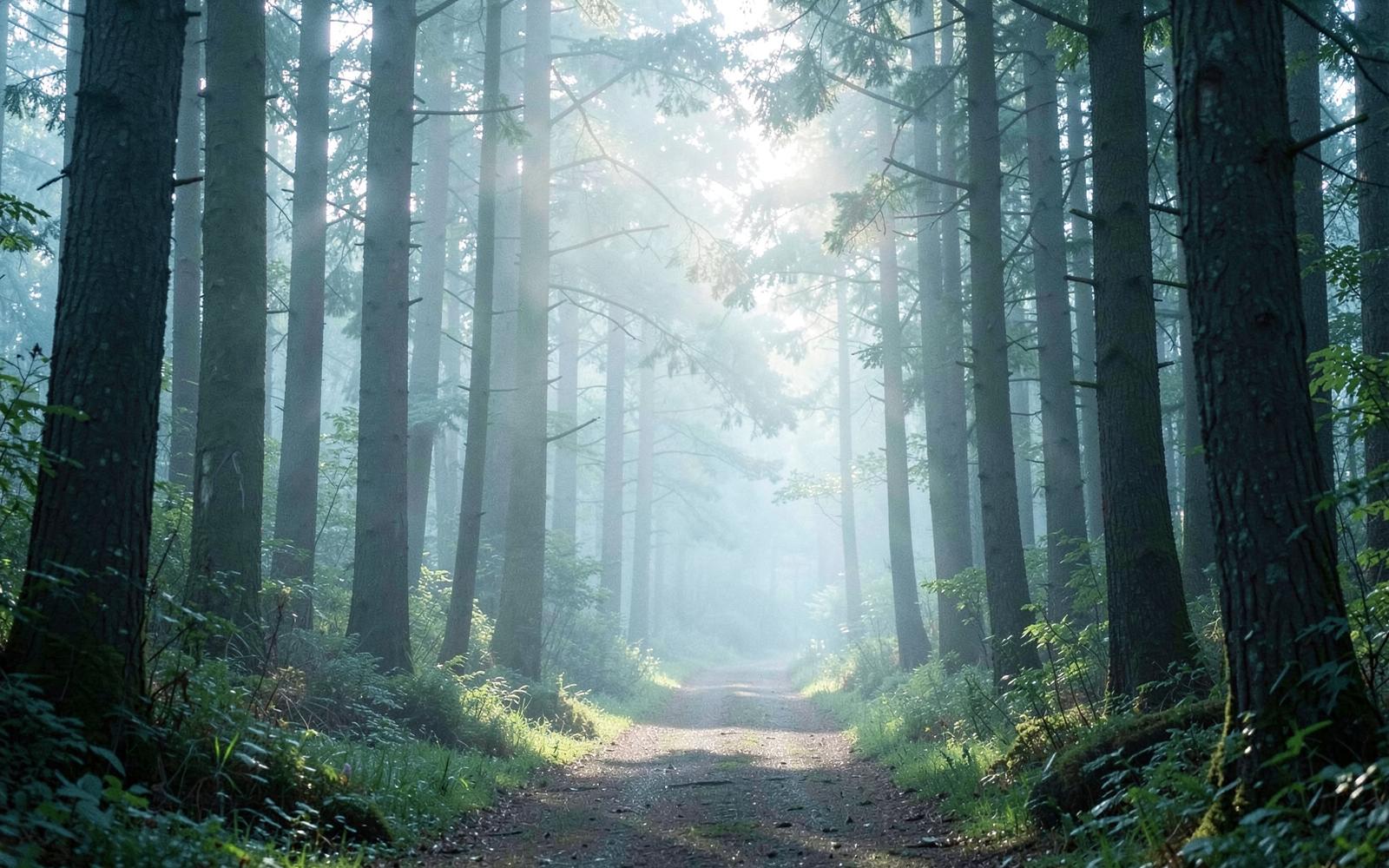 Sentier forestier baigné d'une lumière matinale douce