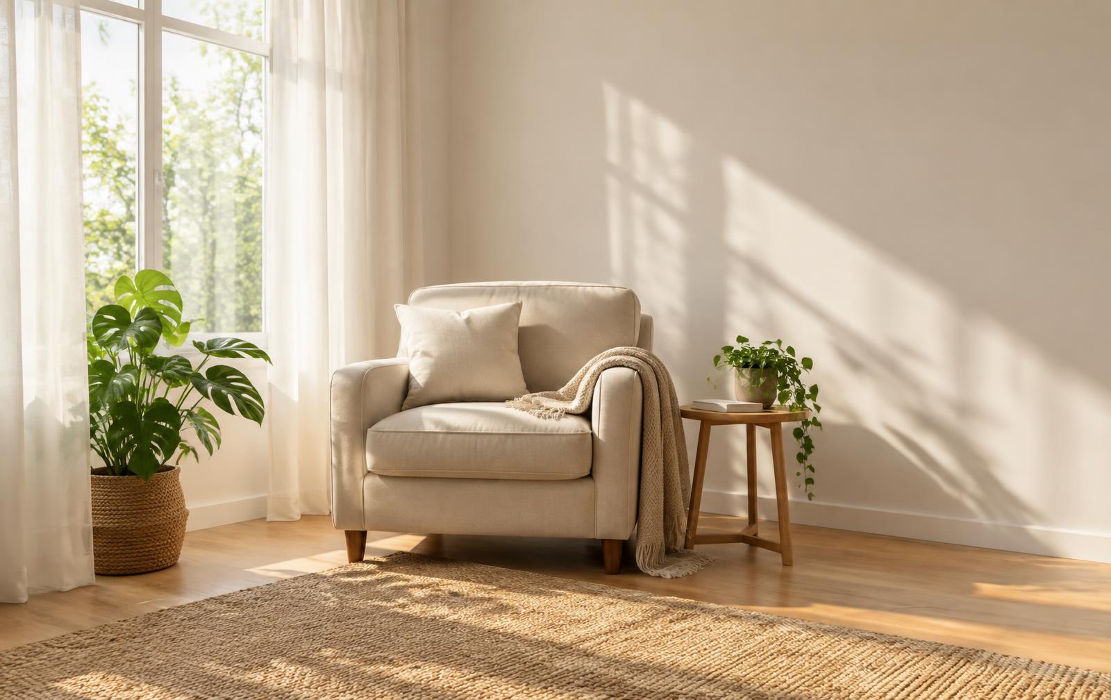 Fauteuil confortable près d'une grande fenêtre lumineuse