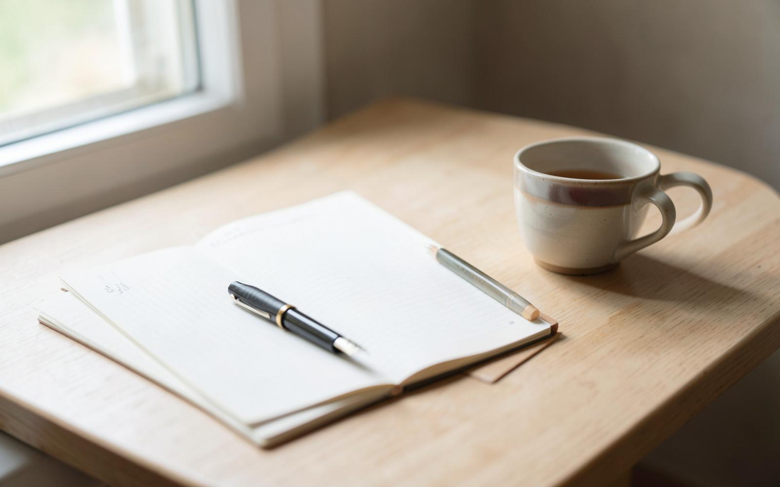 Carnet ouvert, stylo et tasse de thé près d'une fenêtre