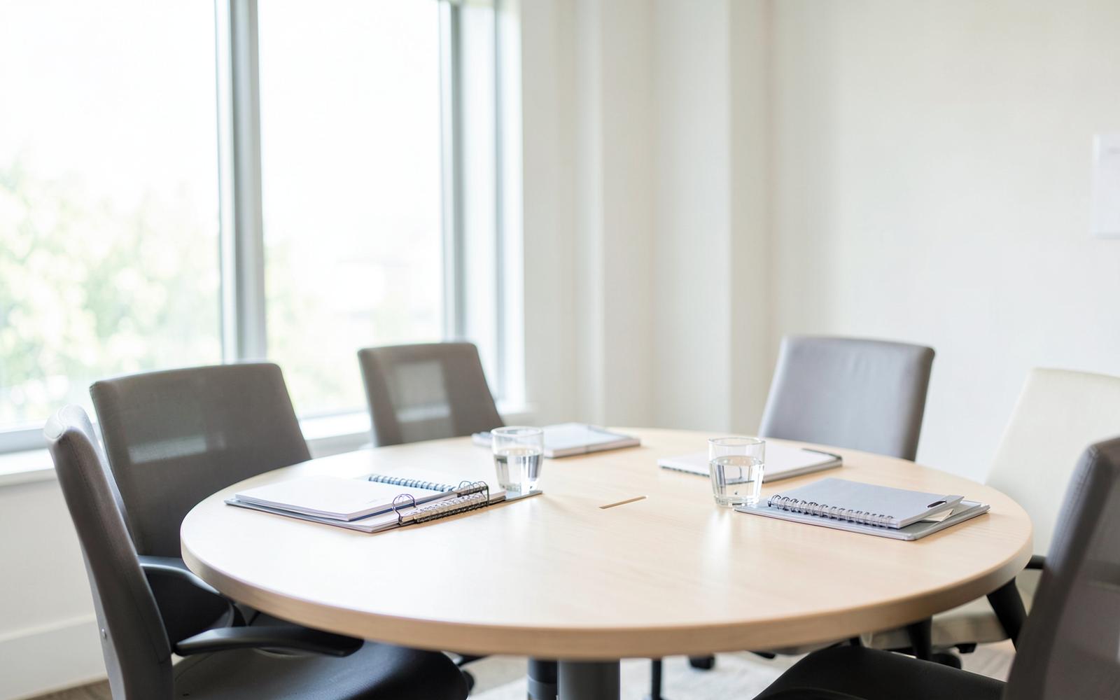 Salle de réunion lumineuse avec une table ronde et des carnets