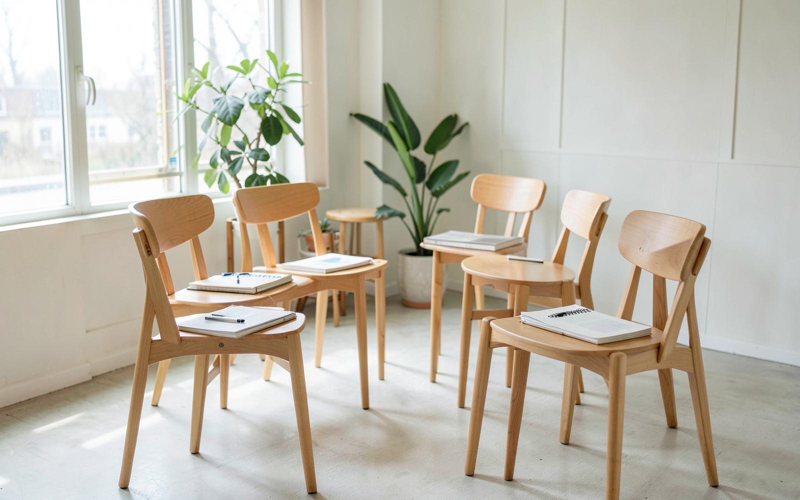 Cercle de chaises en bois clair dans une salle lumineuse, prête pour un atelier